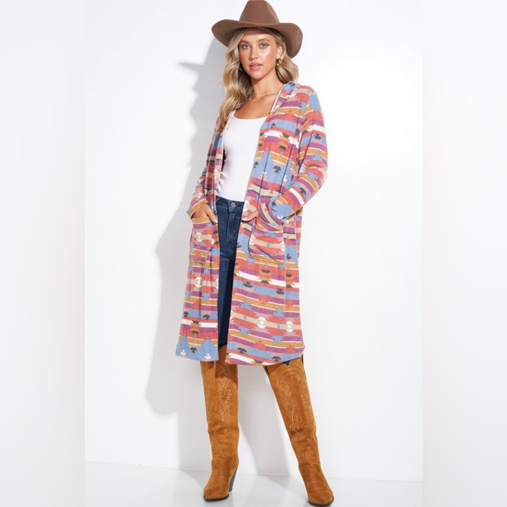 Aztec Hoodie Long Cardigan in Coral & Blue